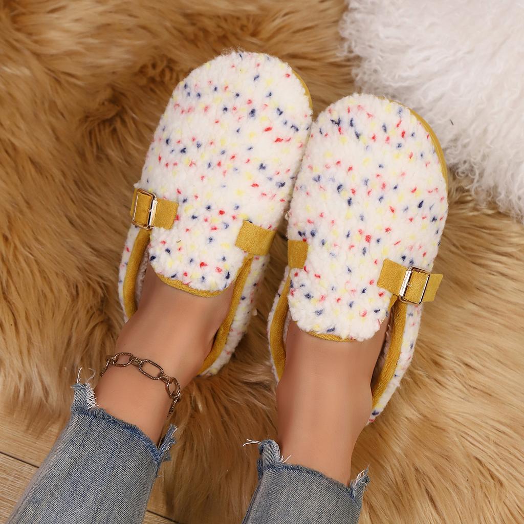 Fashion Flat Cotton Mopping Women's Fashion Round Toe Multicolor Metal Buckle Soft Sole Non-Slip Wrapped Toe Shoes Size 36-41