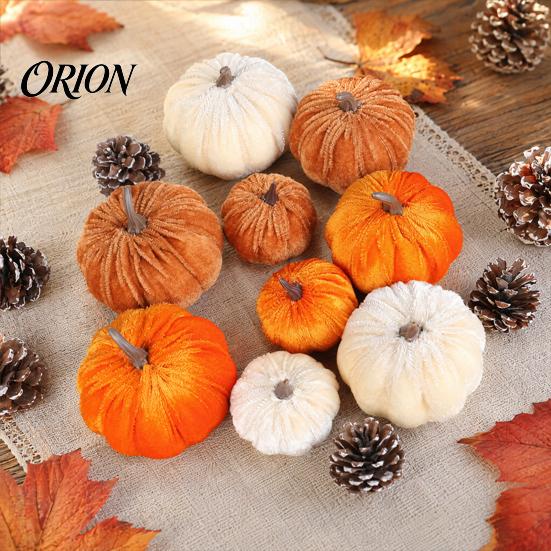 Halloween Themed Stuffed Pumpkin Small Velvet Thanksgiving Table Centerpiece, Soft Cool Patterns for Fall Harvest Farmhouse Decoration Decor