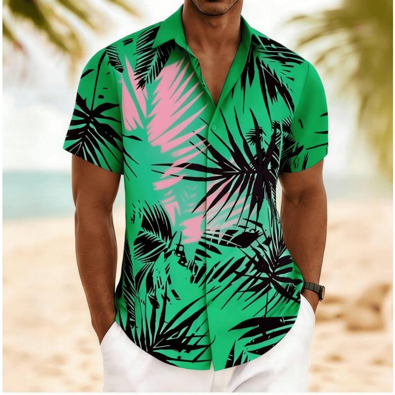 Men's Palm Leaf Print Short Sleeve Shirt, Spring Summer Artistic Hawaiian Vacation Blouse, Loose Casual Top