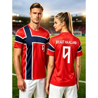 Men Women Norway Haaland No.9 Soccer Jersey Norway Cross Flag Print Quick Dry Short Sleeve Football Fan Training Sports T Shirt