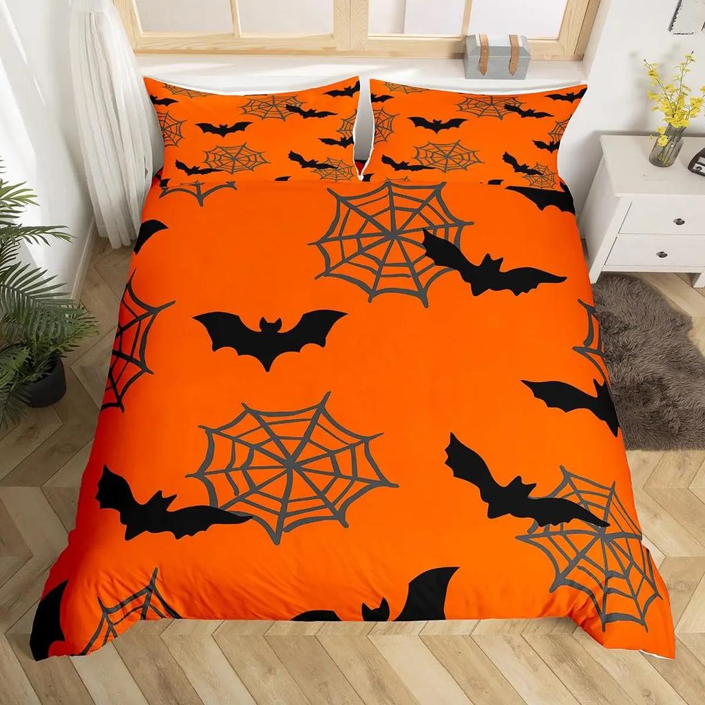 Spooky Dark Bats Duvet Cover Halloween Decoration Glitter Stars Moon Galaxy Bedding Set Cartoon Bat Gothic Comforter Cover Queen