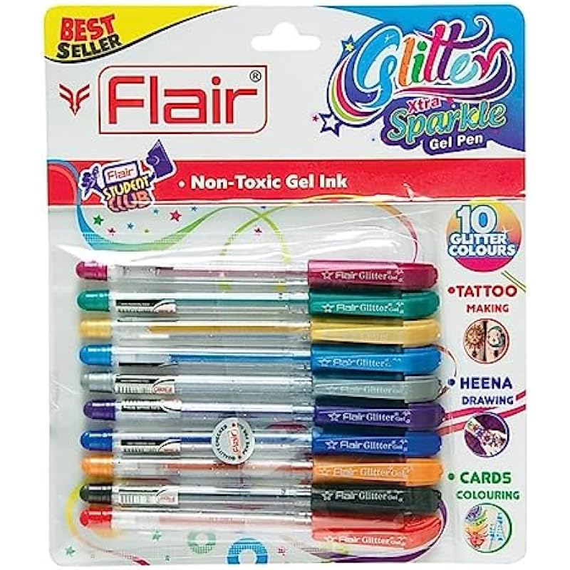 FLAIR Glitter Sparkle 1.0mm Gel Pen Blister Pack | Smooth & Perfect Writing Experience | Non-Toxic Fluid Gel Ink | Beaut