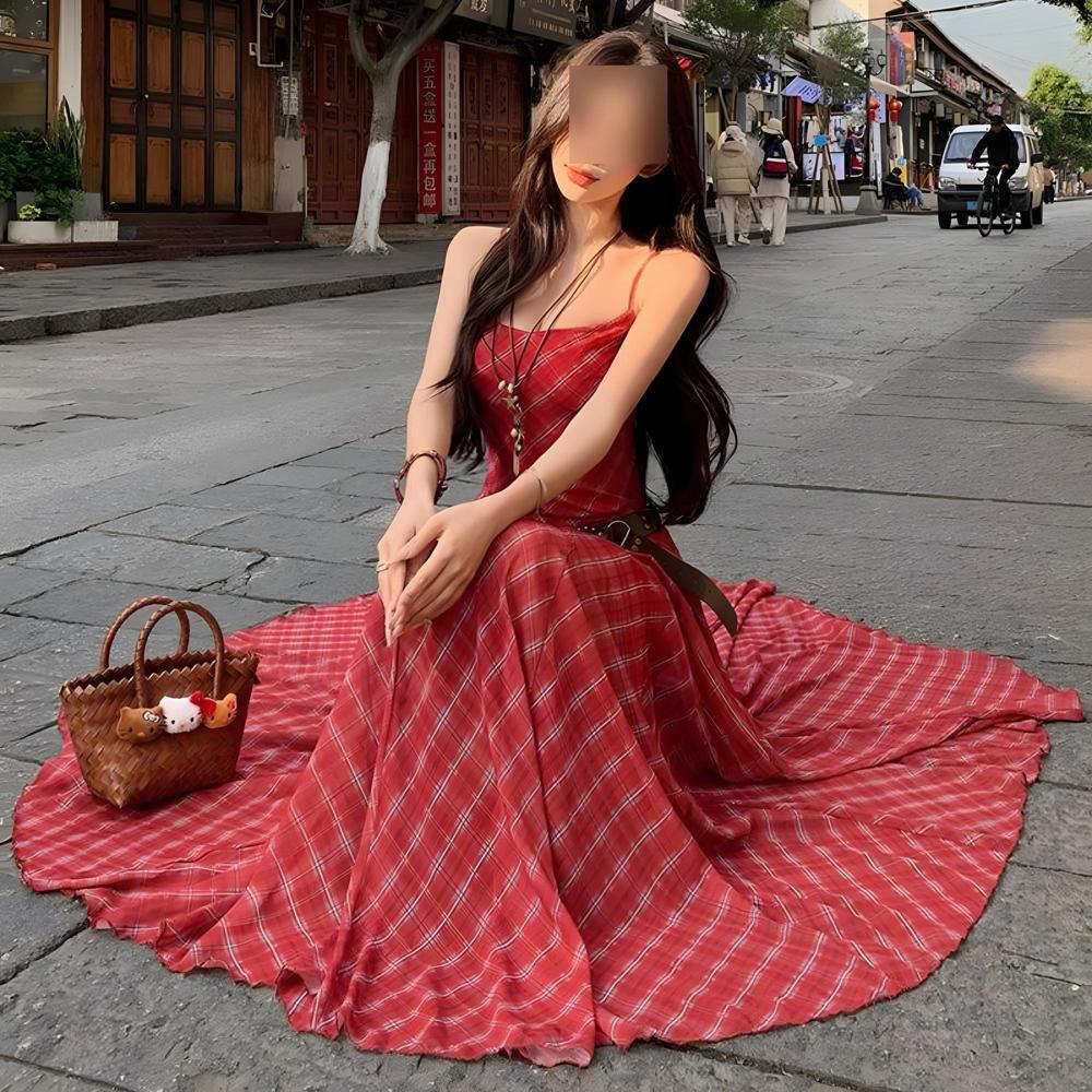 

Клетчатое платье-комбинация женское летнее ретро повседневное слим по талии курортный стиль темперамент А-силуэт длинная юбка слова XL- (recommended 110-60kg)