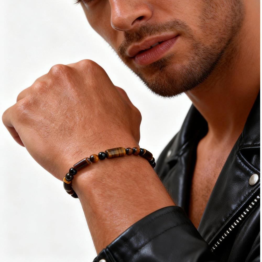 Bohemian Tiger Eye Beaded Bracelets for Men,Stainless steel Chain Natural Stone Wristband,Male Jewelry Gift New