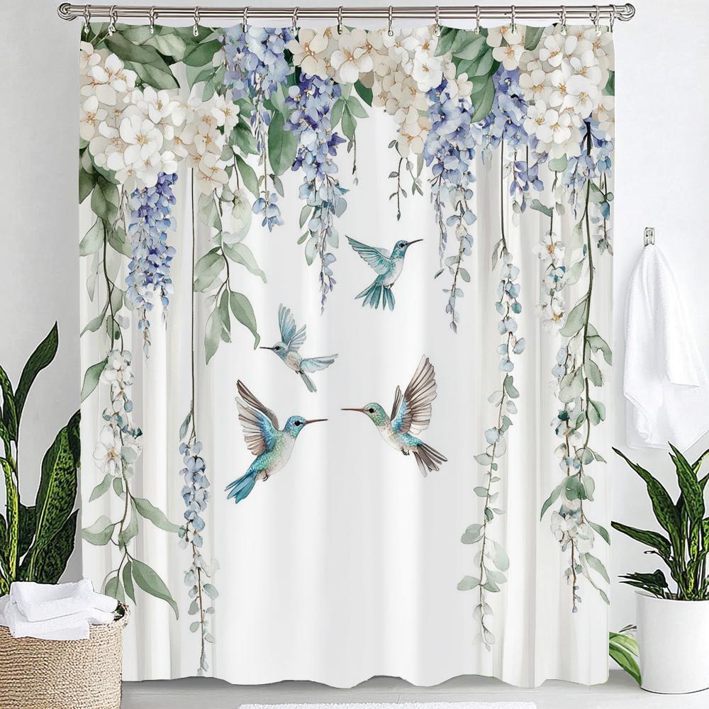 Blue Watercolor Plants Flower and Bird Print Waterproof Shower Curtain Partition Privacy Hanging Curtain with 12 Hooks Washable