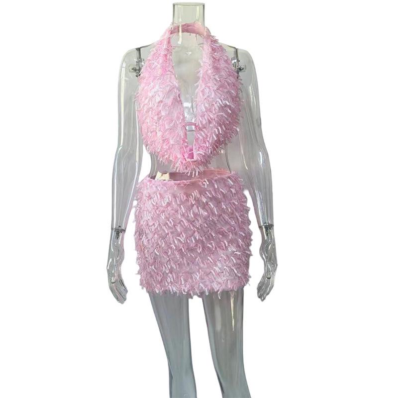 European & American Sexy Halter V-Neck Slimming Short Skirt Set for Women