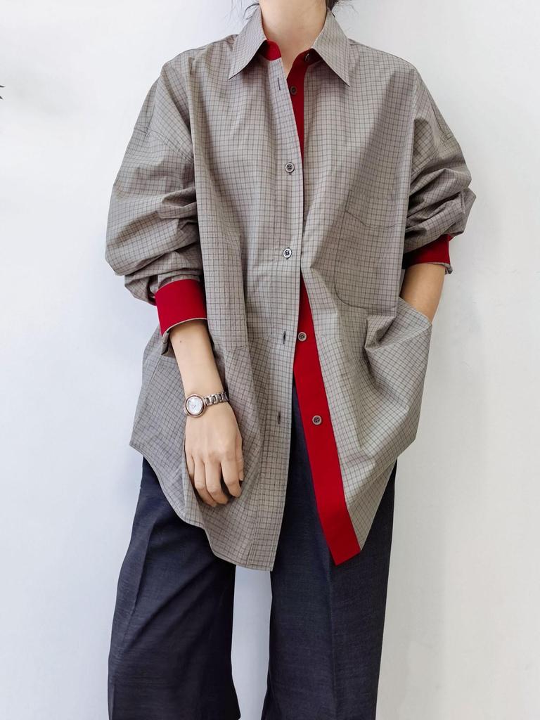 Damen Frühjahr Karoshemd - Kontrastfarben, POLO-Kragen, Mittellang, Übergroße Baumwollsilhouette