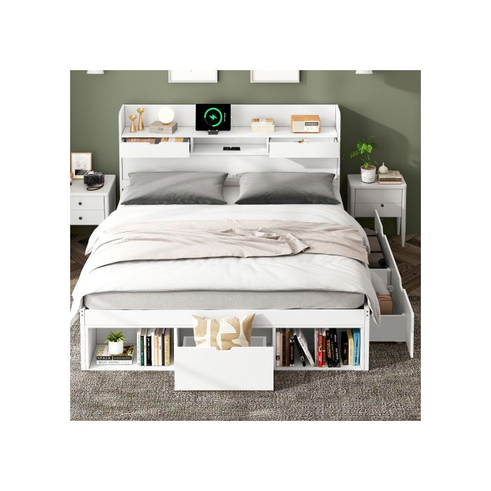 Lit double - MUVOE - 140x190 cm - Port USB - Grand espace de rangement - Blanc