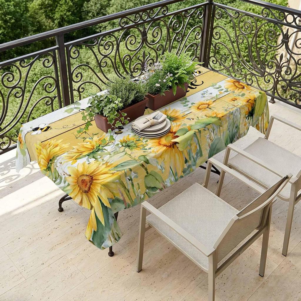Summer Sunflower Leaves Bee Rectangle Tablecloth for Table Decor Rustic Plants Yellow Wood Grain Dining Table Cloth Party Decor