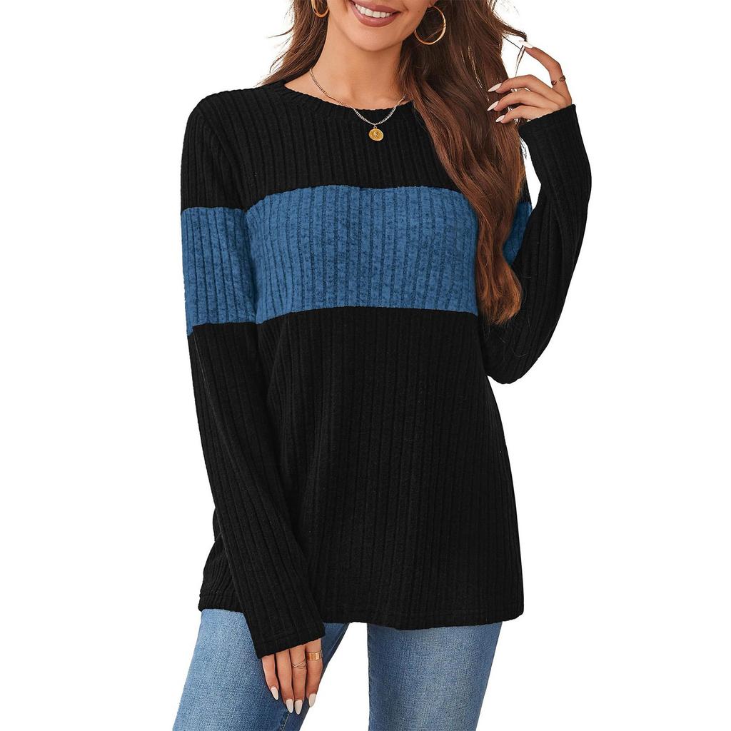 Women's Sweater Fashion Ribbed Color Block Top Long Sleeve Round Neck T-shirt