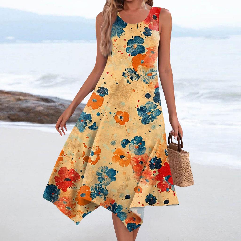 Damen Casual Fashion Rundhals ärmelloses Midikleid mit unregelmäßigem Saum und Blumendruck
