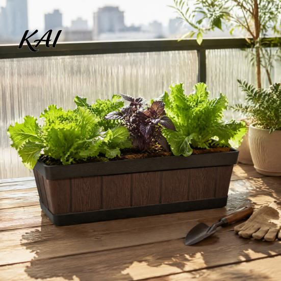 Long Flower Planter for Railings 18 Inch Rectangular Box, Imitation Wood Grain Window Box Planter, Plastic Vegetables Large Capacity Gardening