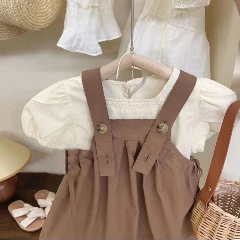 Charming Girls Two Piece Outfit 2024 New Summer Short Sleeve Dress Set For Kids