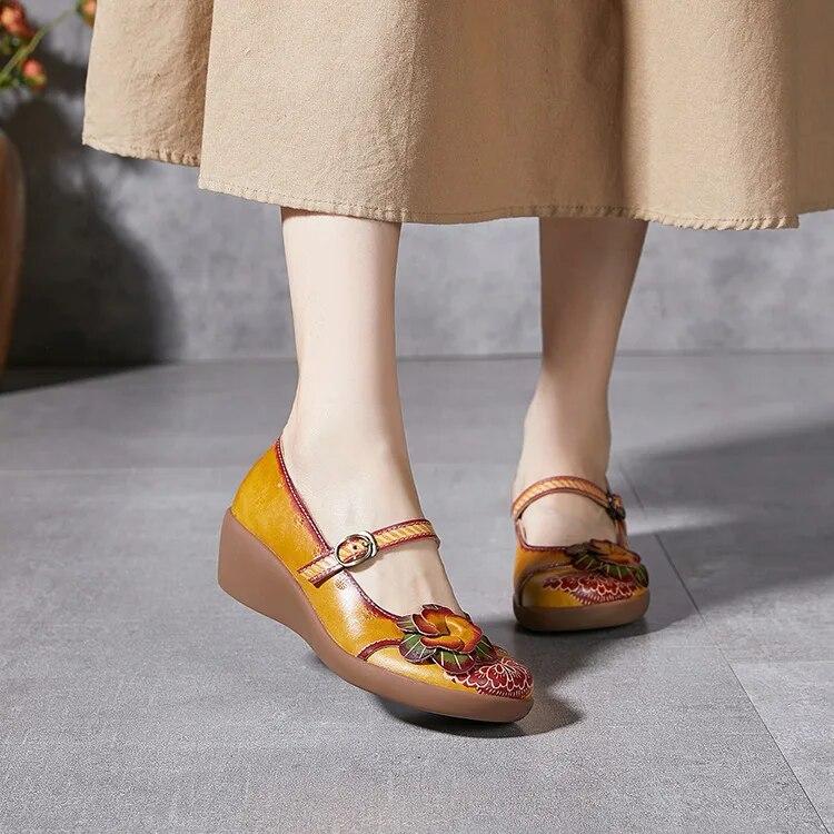Johnature Vintage Květinové klíny Sandály Ručně vyráběné pravé kůže v etnickém stylu Pohodlné dámské boty