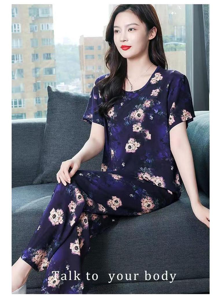 Women's Plus Size Ice Silk Pajama Set: Casual Short Sleeve Two-Piece for Middle-aged and Elderly Moms