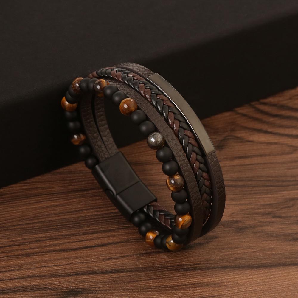 Men's Black Obsidian Beaded Bracelet with Alloy Buckle and Leather Weave