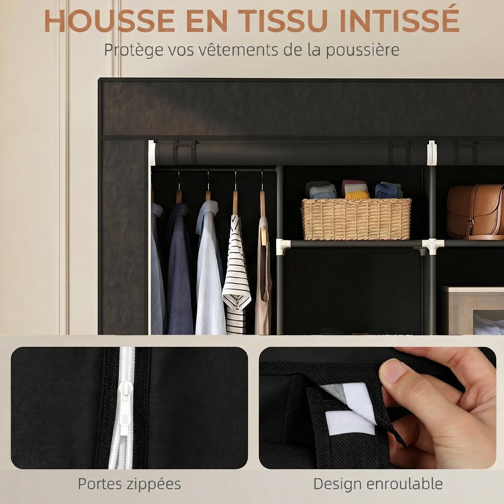 Fabric wardrobe closet, mobile storage furniture with 10 wheels and 10 compartments, hanging rods, black