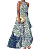 Popular Bohemian neck high waist sleeveless medium and long pleated floral long dress dress