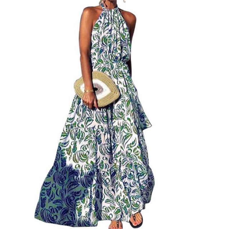 Popular Bohemian neck high waist sleeveless medium and long pleated floral long dress dress