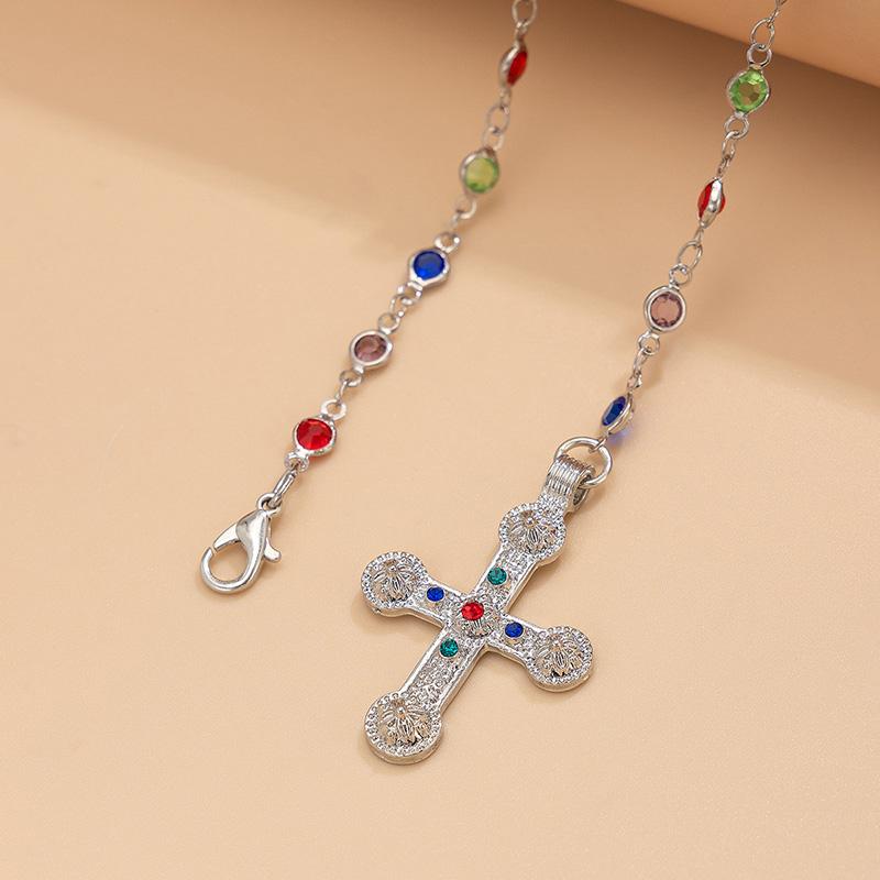 Cross Pendant Necklaces for Women Zinc Alloy Colorful Rhinestones Necklaces Gold Silver Colors Long Choker Trendy Party Jewelry