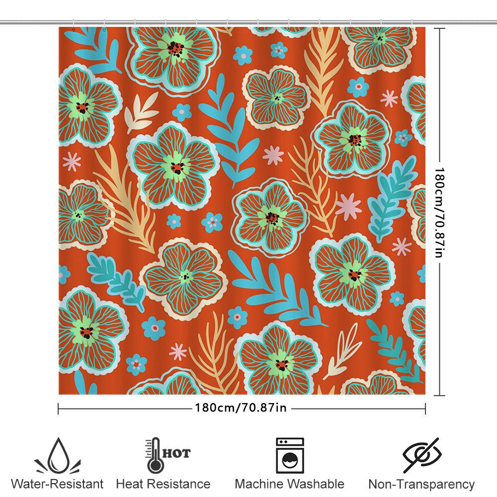 Rustic Floral Shower Curtain Orange Blue Print Bath Decor Fabric Waterproof Home Decoration 72x84 In (180X213 CM)