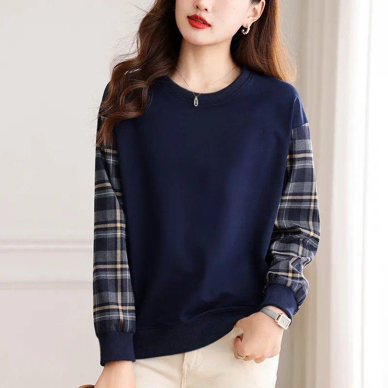 

Foreign Trade Brand Export Pure Cotton Stylish Patchwork Sweatshirt for Women, Autumn Artistic Youthful Versatile Slimming Long-Sleeve Top Blue (Solid Color) M (Recommended Within 57.5kg