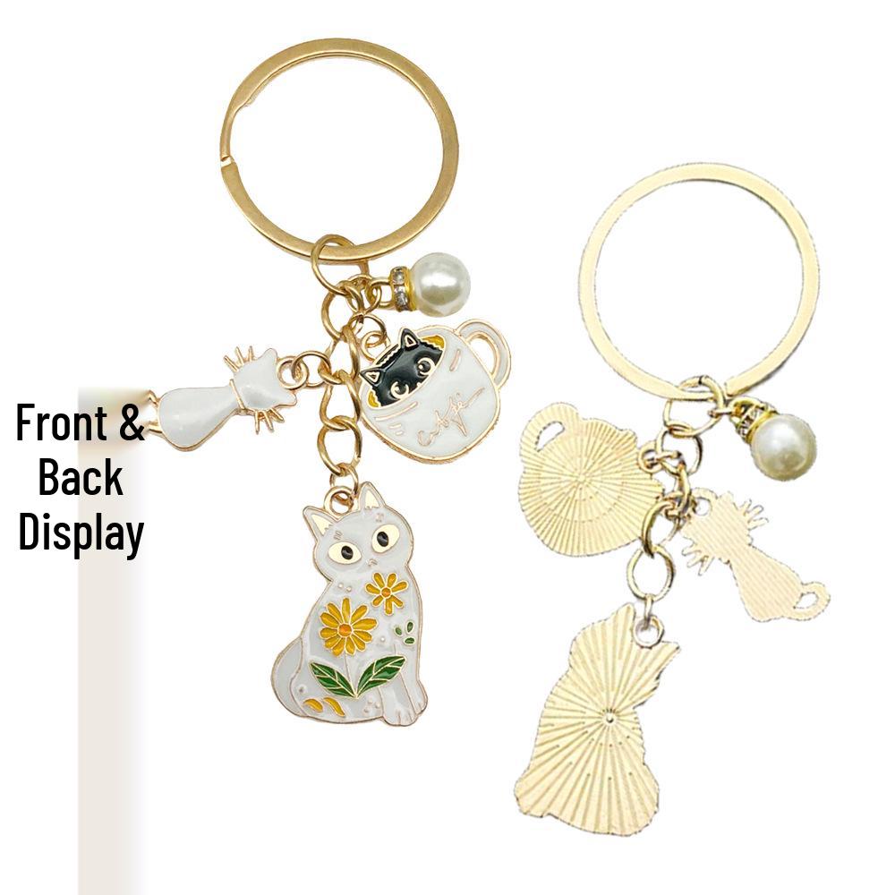 White Cat Pearl Teacup Keychain Ornament - Cartoon Drip Oil Finish