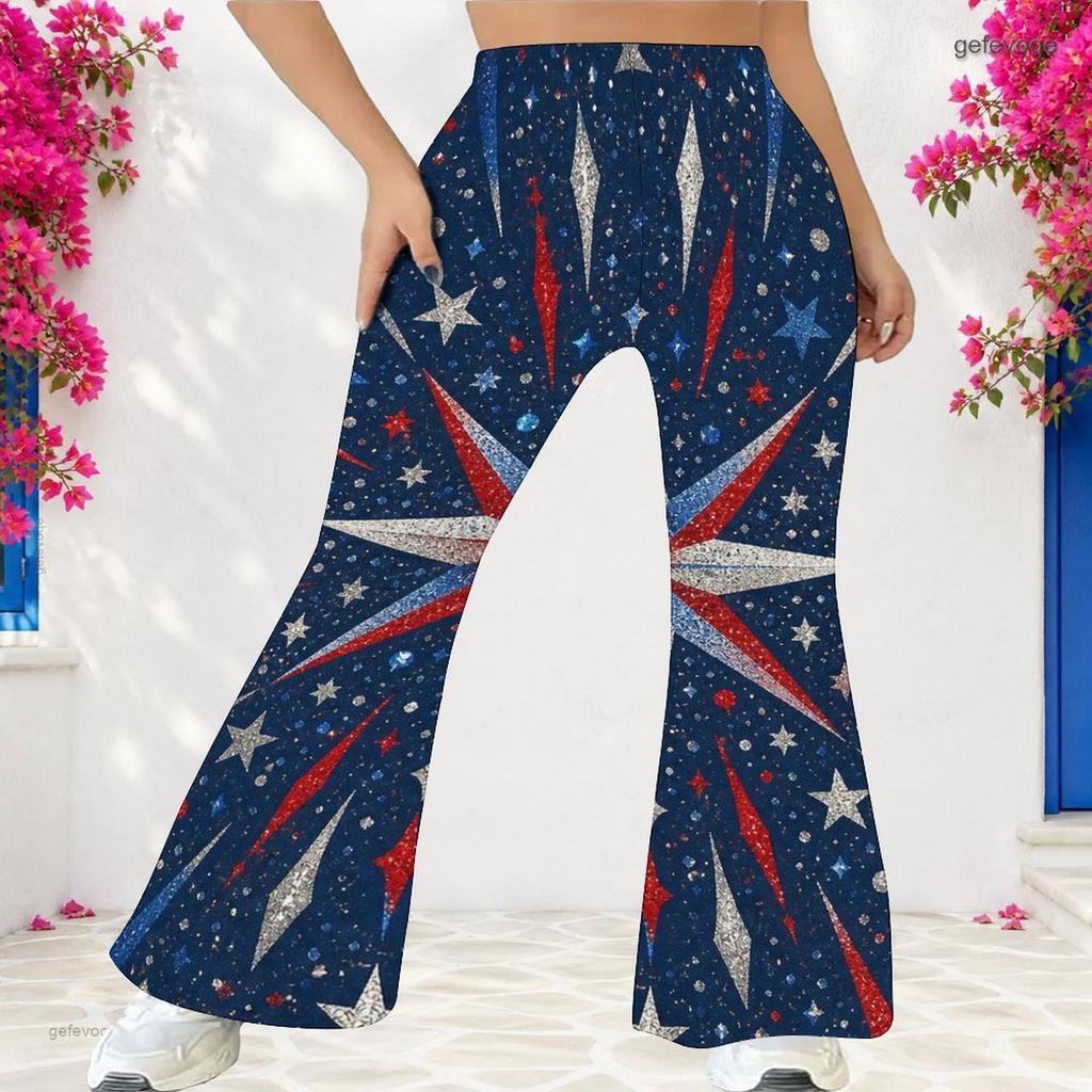 Women Plus Size High Waist Full Length Flared Pants White Star Printed Trousers