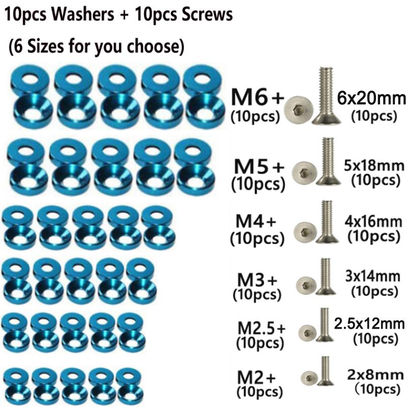 10pcs Car Modified Hex Fasteners Fender Washer Bumper Engine Concave Screws Aluminum Fender Washers and M2-M6 Bolt for Honda