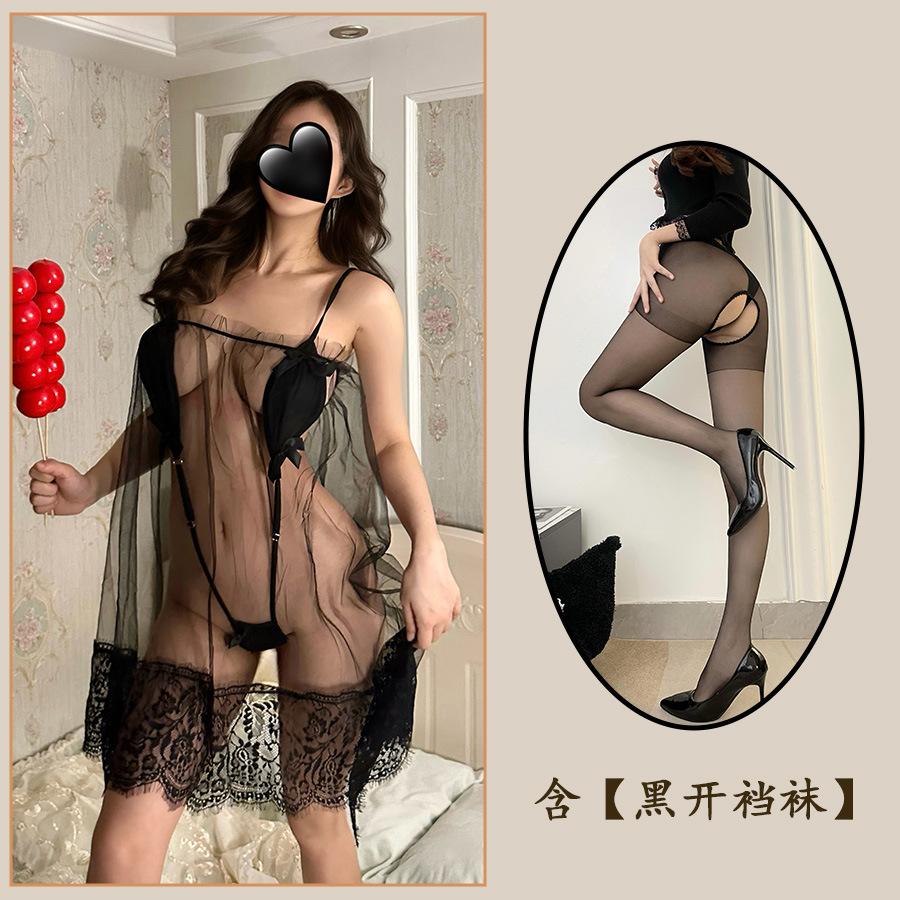 Sex Underwear, Sexy Suspenders, Off-the-shoulder Pajamas, See-through Mesh, Eyelashes, Lace, Nightdress Set.
