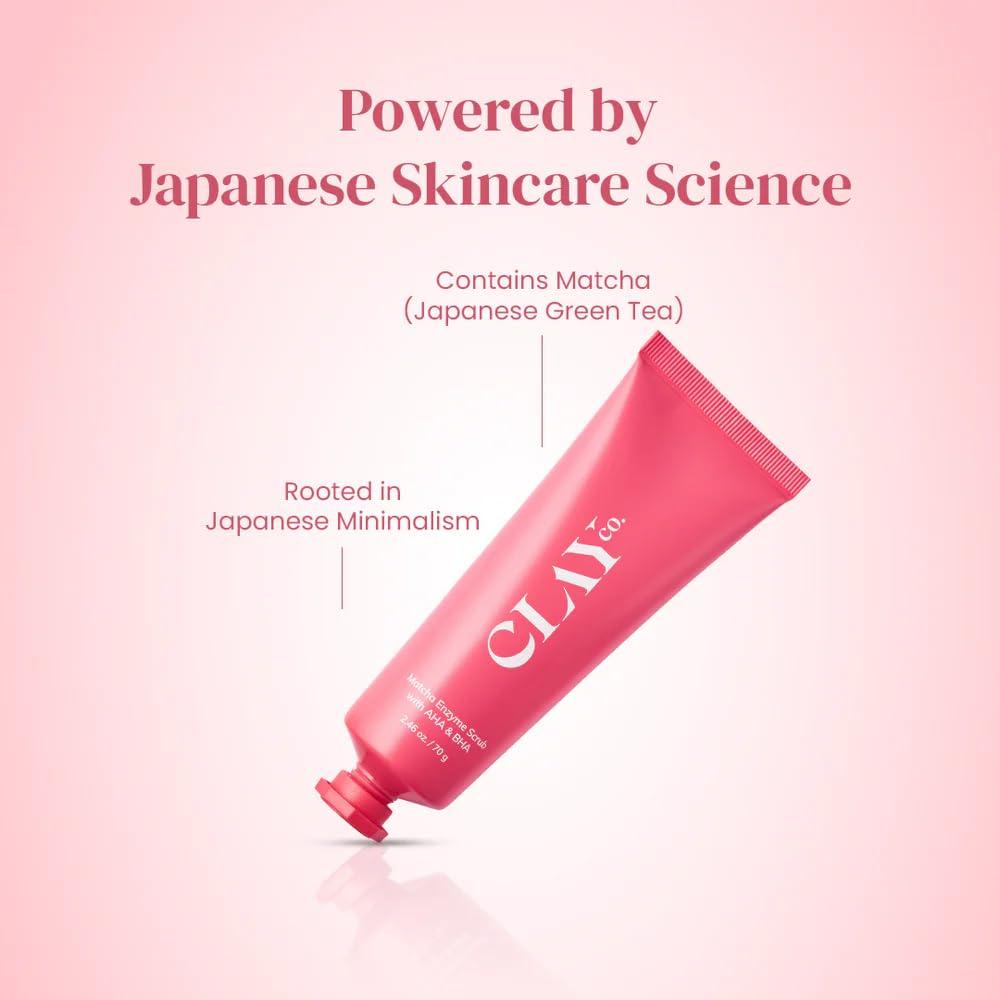 ClayCo Matcha Enzyme Scrub with AHA + BHA | Gentle Exfoliation | Deep Pore Cleanse & Brightening | 70 g