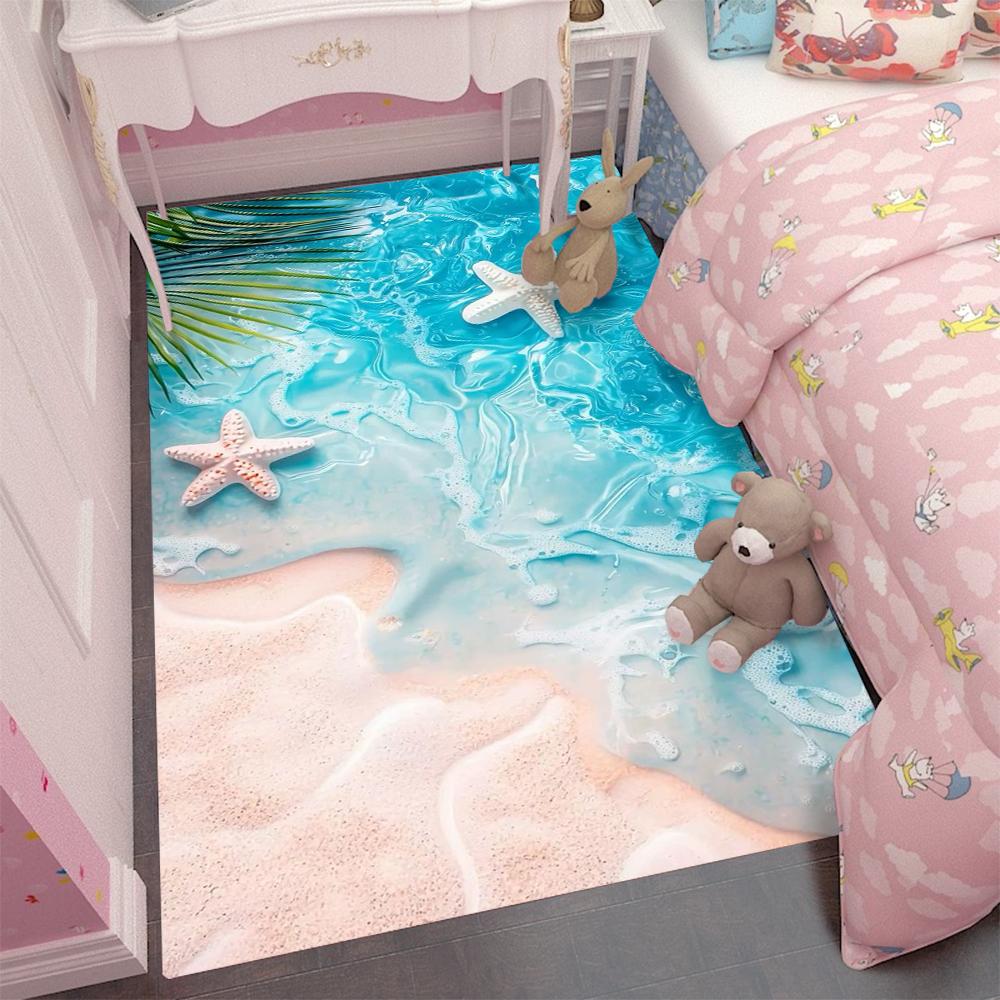 

3D Shallow Sea Carpet with Starfish Shells and Clear Water Kids Room Mat Non-slip Decorative Rug Home Decoration 30X50CM