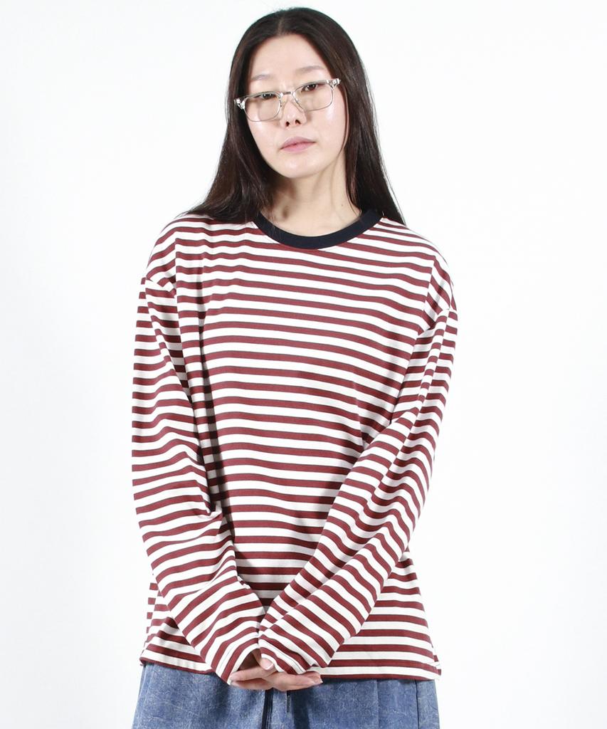 Deumakeu Stripe Loose-Fit Long Sleeve Tee - Burgundy