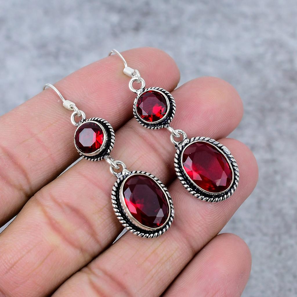 Mozambique Garnet Gemstone Handmade 925 Sterling Silver Earring 2.56" M-353
