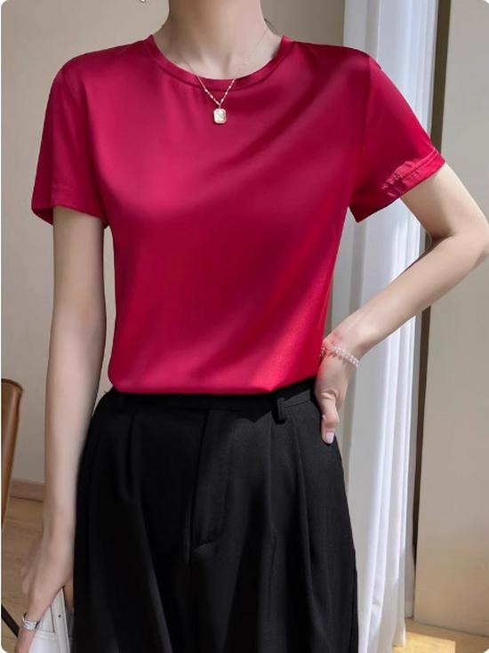 Damen Kurzarm Imitation Seide V-Ausschnitt T-Shirt - Weißes Satin Unterhemd Frühling/Sommer Top