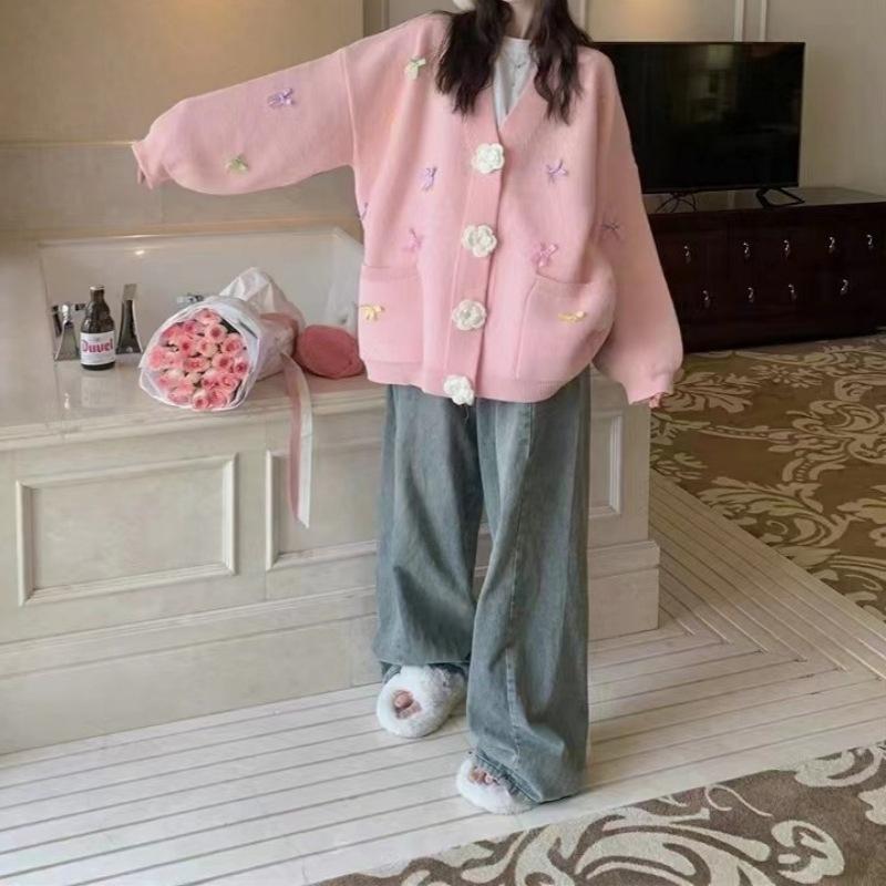 Ladies Bow Flower Decorative Sweater Korean Sweet Women V-neck Knitted Cardigan Autumn Loose Versatile Female Single Breasted