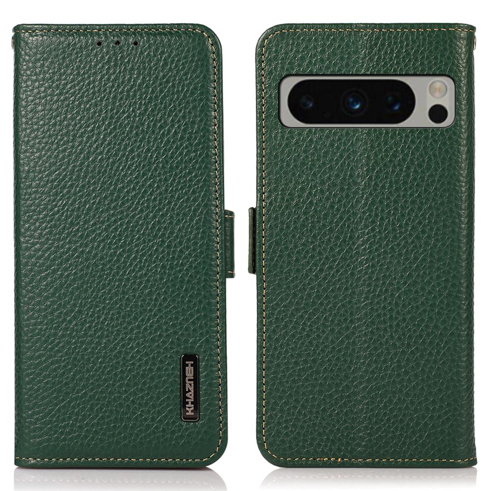 

KHAZNEH For Google Pixel 8 Pro RFID Blocking Phone Case Wallet Stand Genuine Cow Leather Cover Green