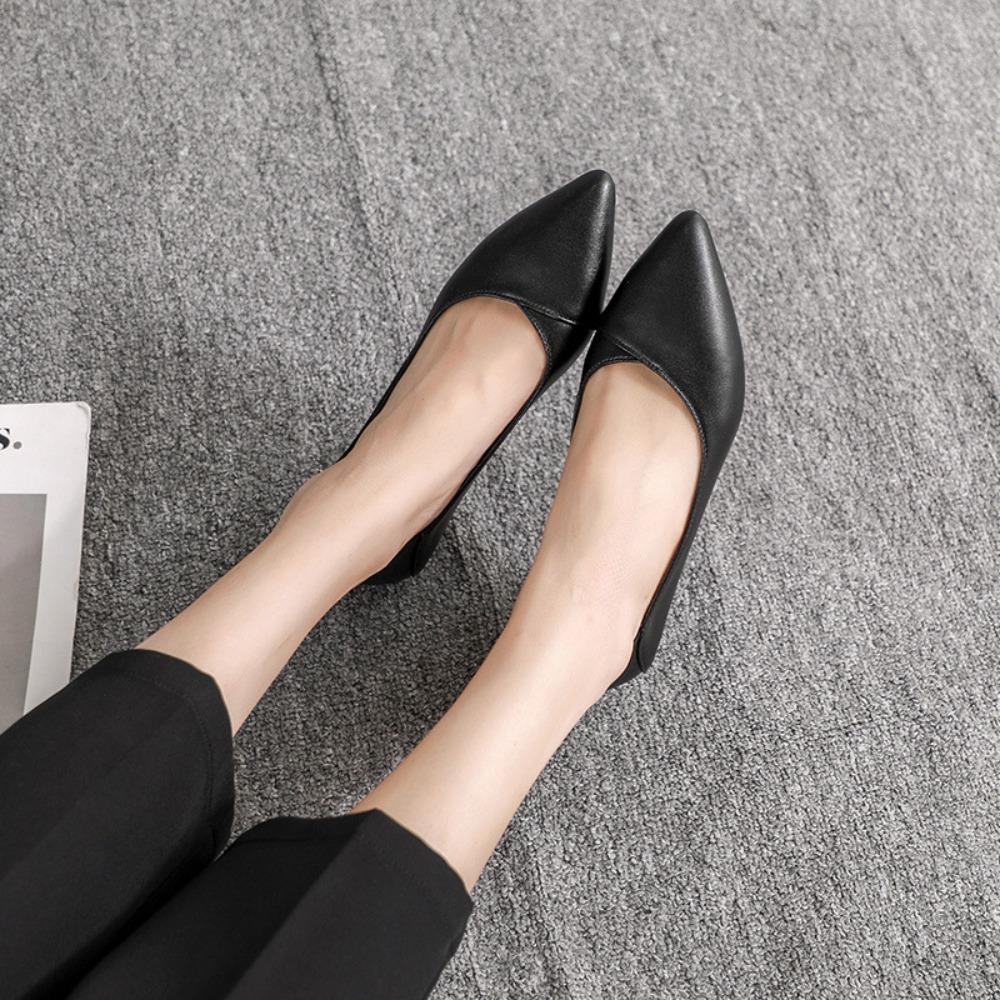 Women's Black Pointed-Toe Work Shoes - Soft Leather Shallow Mouth, Flat Soft-Soled, Comfortable for Interview/Flight Attendant, XCY36-357