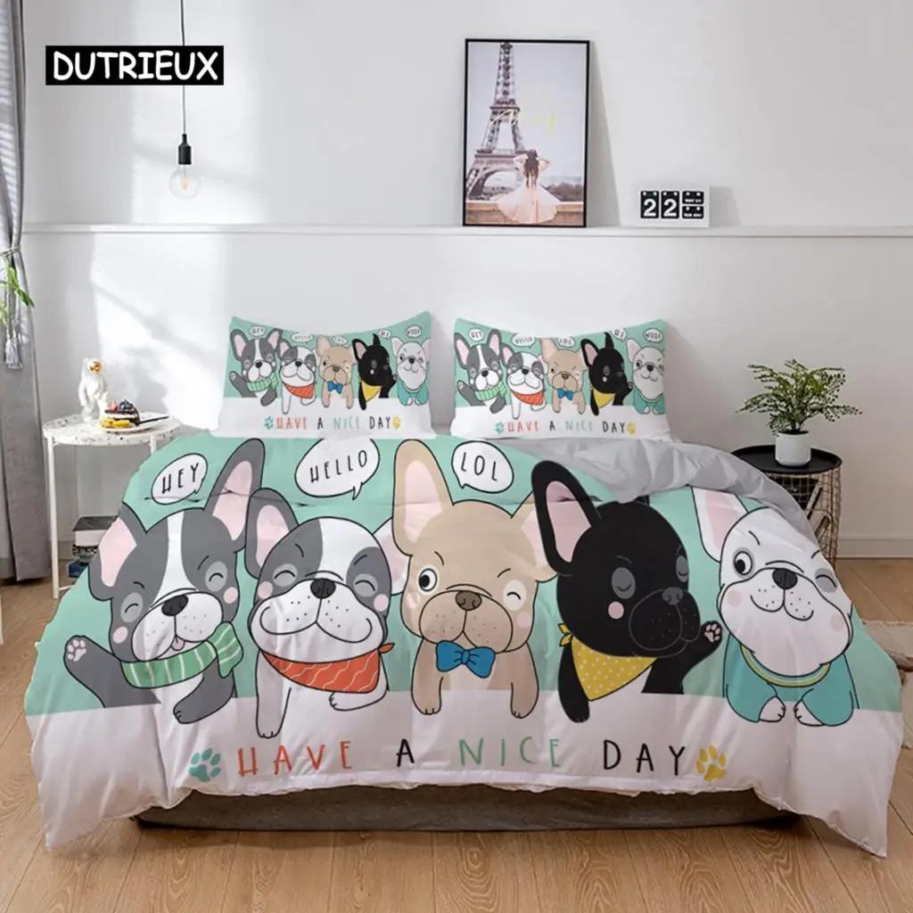 3D Dog Bedding Set Cute French Bulldog Puppy Duvet Cover Sets Cartoon Bed Cover Pet Animals Home Textiles Queen 23Pcs King Full