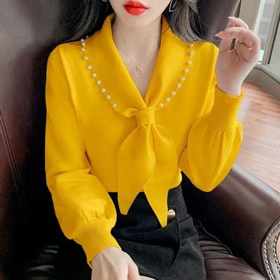 Camicetta a maniche lunghe con fiocco con scollo a V alla moda Pullover casual larghi Camicia da donna a maniche lunghe da pendolare