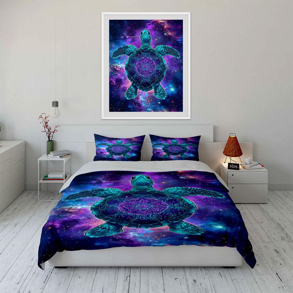 Turquoise turtle, cosmic background. Bedding sets Duvet cover sets Duvet covers Pillowcases(1 * Duvet Cover 2 * Pillowcases without duvet insert)