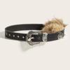 Fashion Pu Leather Belt With Metal Buckle And Plush Embellishments For Women