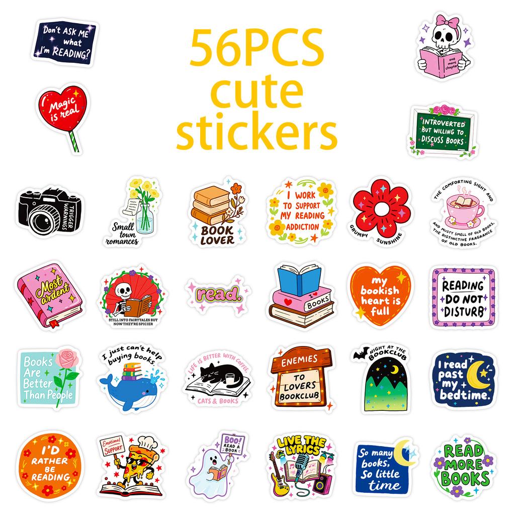 56 Reading Book-Themed Cartoon Text-On-Video Full English Skateboard Guitar Decorative Stickers