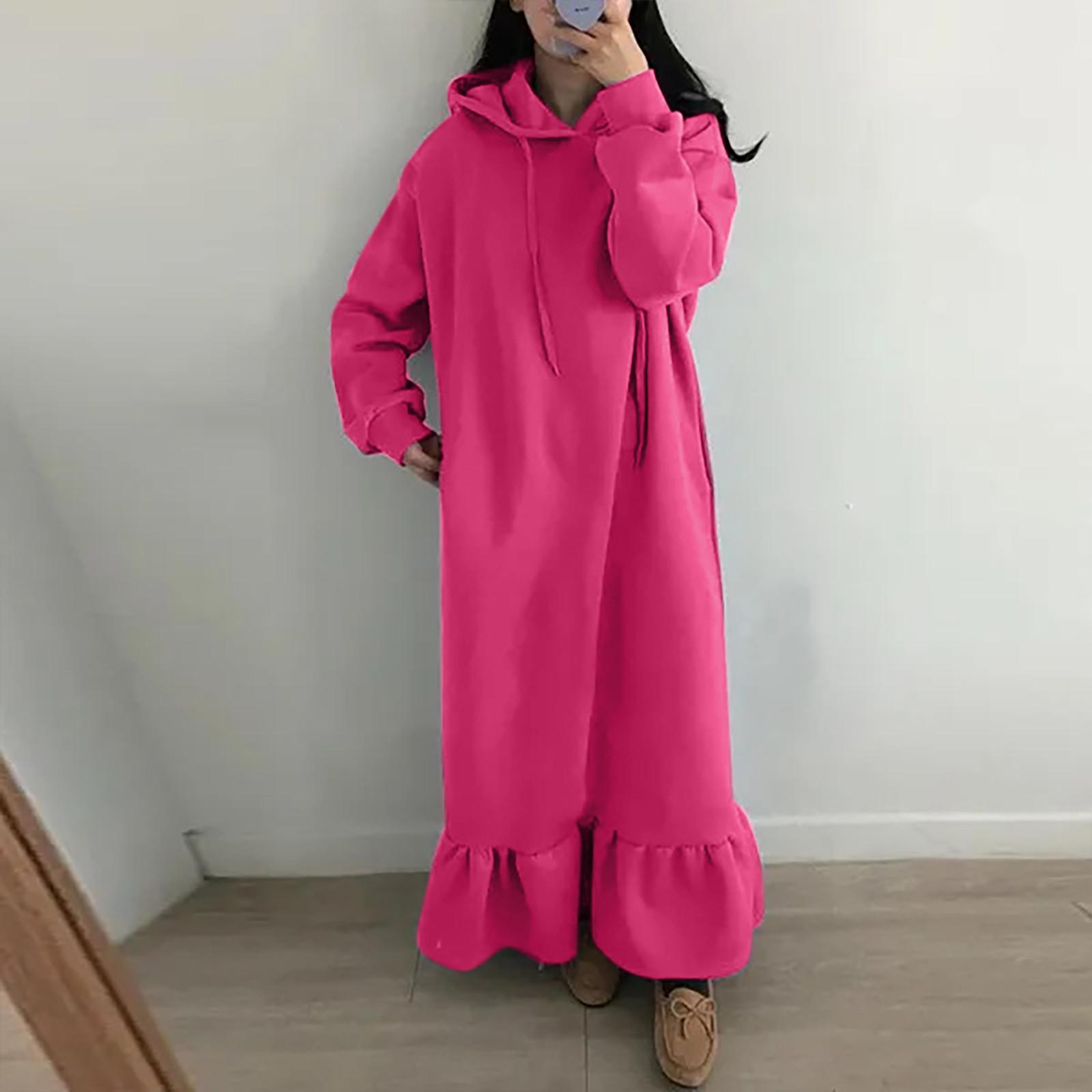 Women s Casual Color Long Sleeve Pocket Plush Hooded Dress S