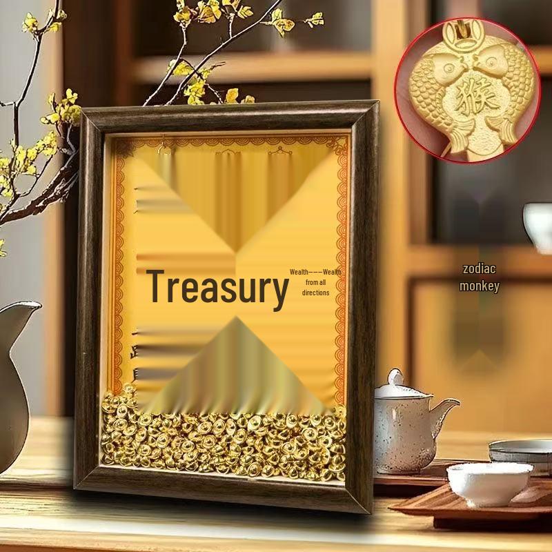 Yellow Dzambhala Wealth Photo Frame Ornament with Twelve Zodiac Animals for Desk Attraction