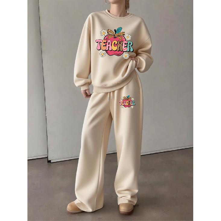 Women's Crewneck Sweatshirt & Drawstring Straight-Leg Pants Set – Cartoon Apple 'TEACHER' Print, Comfortable & Casual