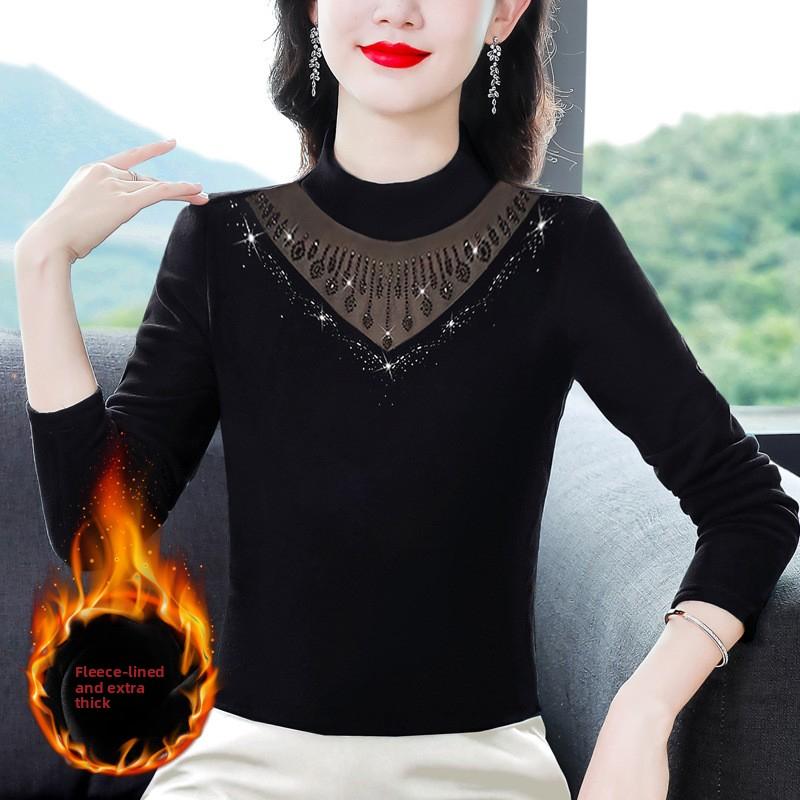 

Mother s long-sleeve mesh stretch base shirt, new autumn style, middle-aged and elderly T-shirt with rhinestone embellishments M