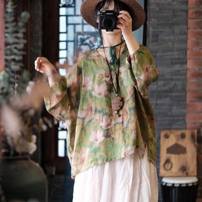 Spring Summer Women Vintage Linen Loose T-Shirt Print Chinese Style Three Quarter V-Neck T-Shirt