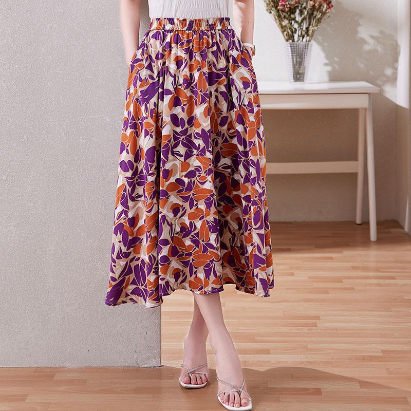 Damen Chiffon Blumen A-Linien Rock - Stilvoller Sommer Elastischer Bund Überwurf