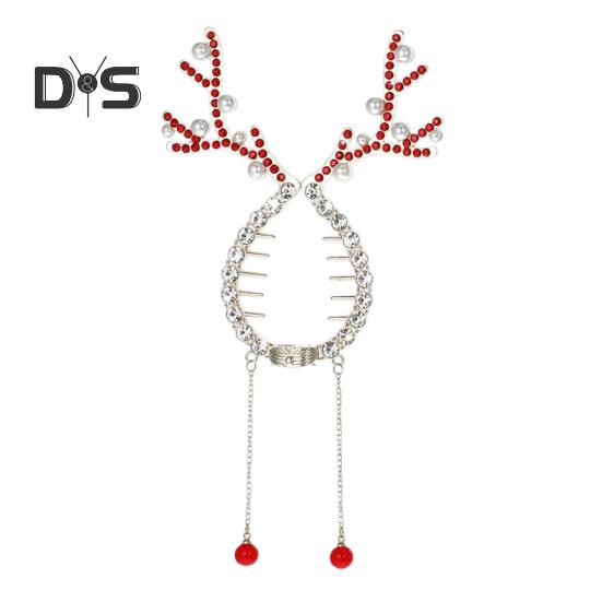 

Рождественская заколка для волос в виде оленя, блестящие стразы, искусственный жемчуг, держатель для пучка для хвоста, женские и женские аксессуары для волос красный